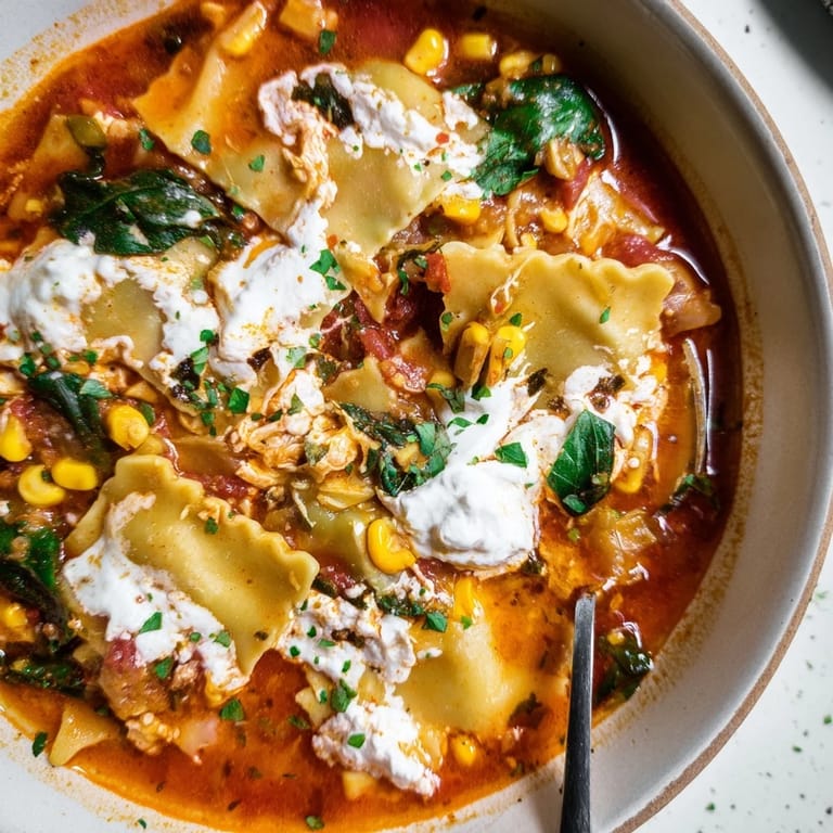 A steaming bowl of Lasagne Soup with Sweet Corn Masala, rich in flavor and comfort.  