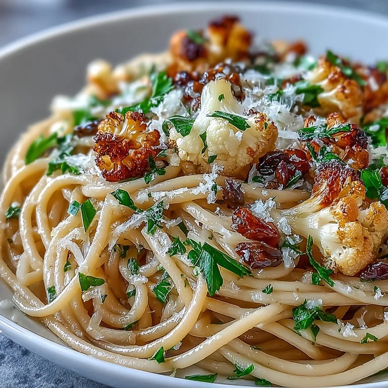 Savory anchovy sauce clings to al dente spaghetti, topped with roasted cauliflower and raisins.