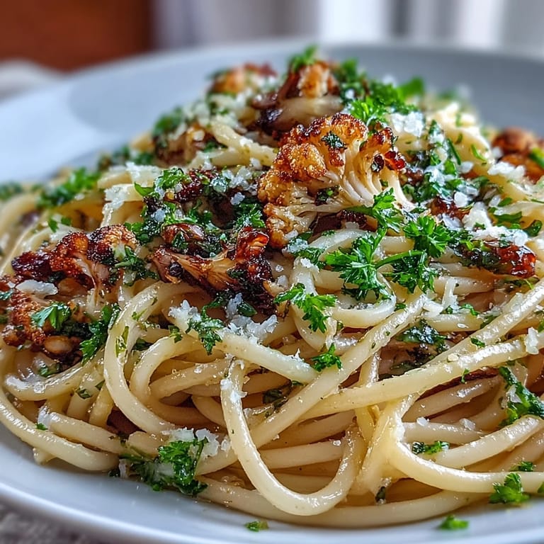 A close-up of a colorful plate of Cauliflower, Anchovy and Raisin Spaghetti, ready to serve.
