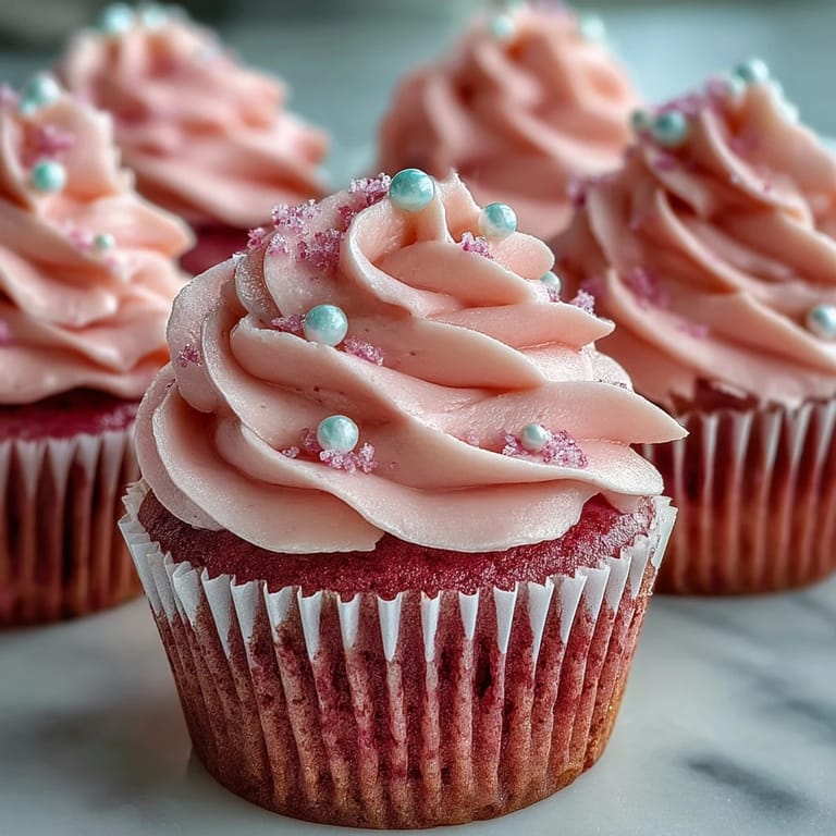 A close-up view of Pink Velvet Cupcakes garnished with delicate edible pearls on a rustic wooden table.