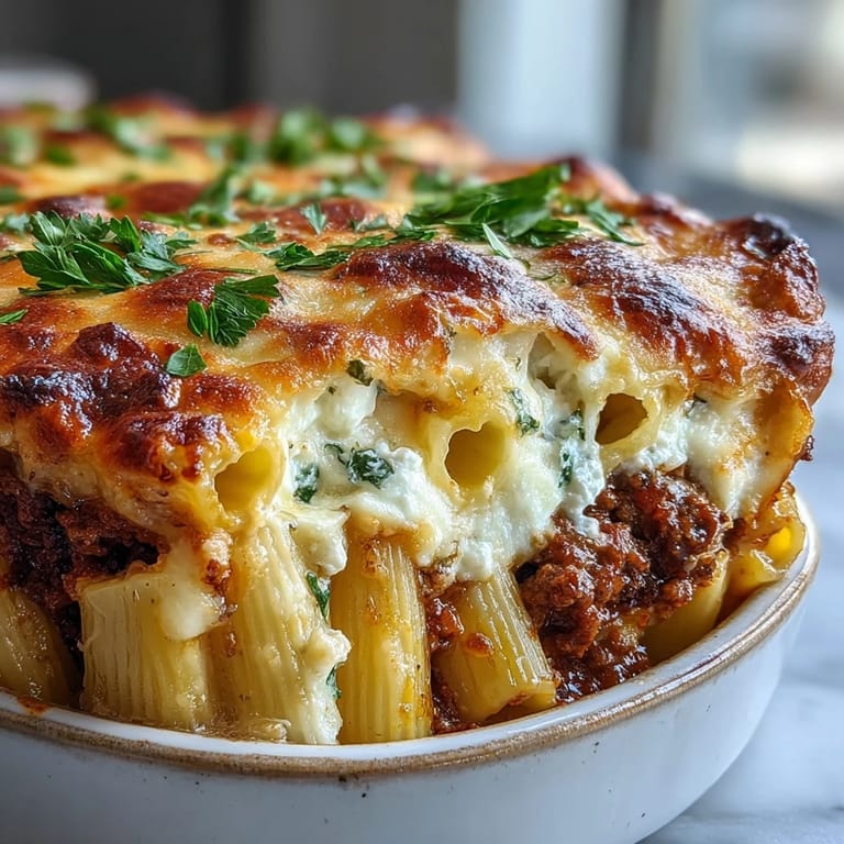 A close-up of Cottage Cheese Protein Pasta Bake with Ground Beef, showing creamy cottage cheese and melted mozzarella. 