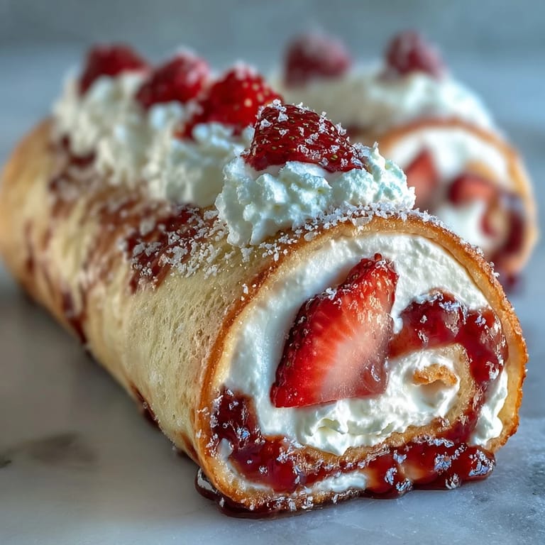 This whimsical Strawberry Shortcake Sushi Roll features tight pinwheels of crepe, berries, and mint garnish, ready to serve on a sleek platter.