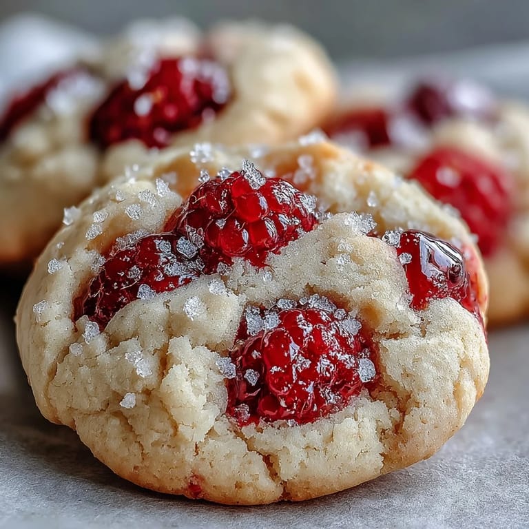 Fresh raspberries peek from a soft-baked cookie center, ready to serve with a glass of cold milk.