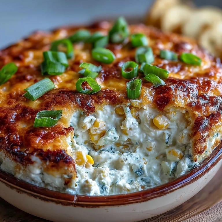 Cold Crack Corn Dip garnished with fresh green onions, served with crunchy tortilla chips for dipping.