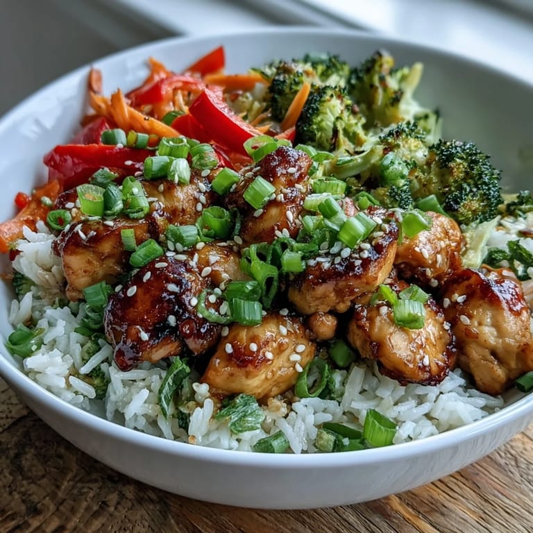 Tossing the vibrant vegetable mix and seared chicken together in a skillet, creating a delicious and easy Chicken and Rice Bowl, garnished with fresh green onions.
