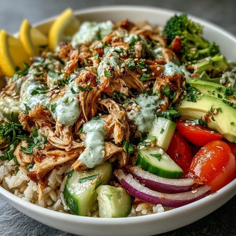 A wholesome Rotisserie Chicken Bowl packed with tender chicken, fresh avocado, and lemon wedges, perfect for a quick, healthy lunch or dinner.
