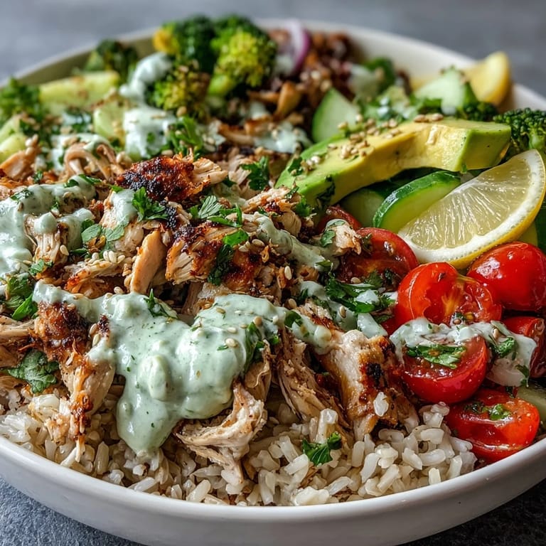 A hearty Rotisserie Chicken Bowl featuring shredded chicken, cucumber, and red onion, topped with a spicy sriracha mayo drizzle and sesame seeds.