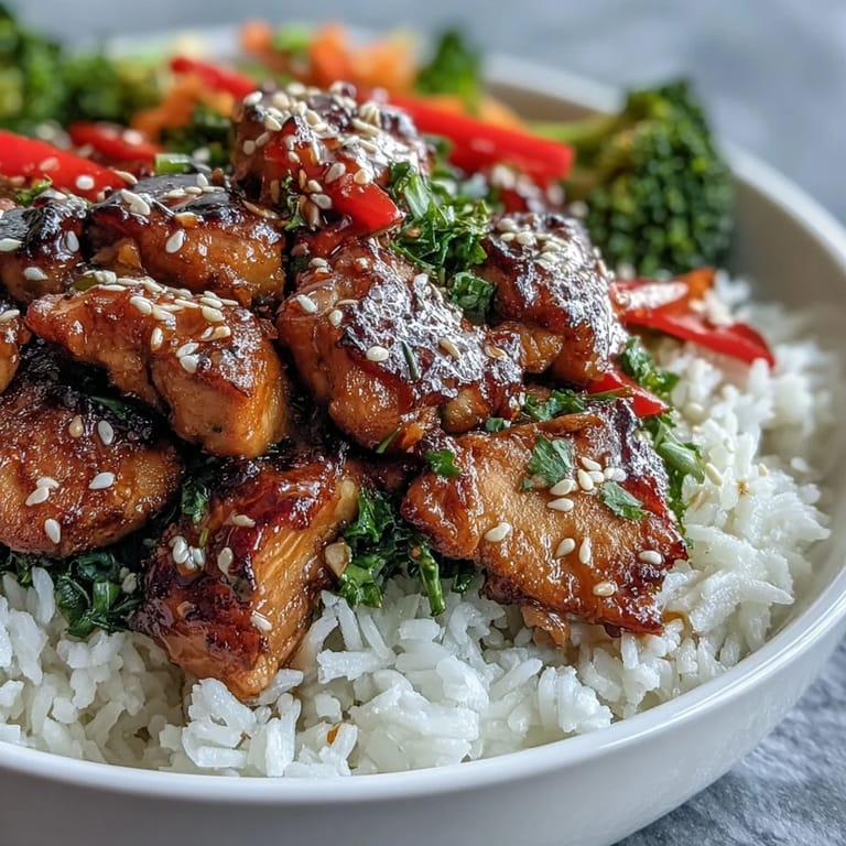 A close-up view of a homemade Honey Garlic Chicken Bowl, featuring juicy saucy chicken, bright green broccoli, and fluffy rice topped with fresh green onions and sesame seeds.