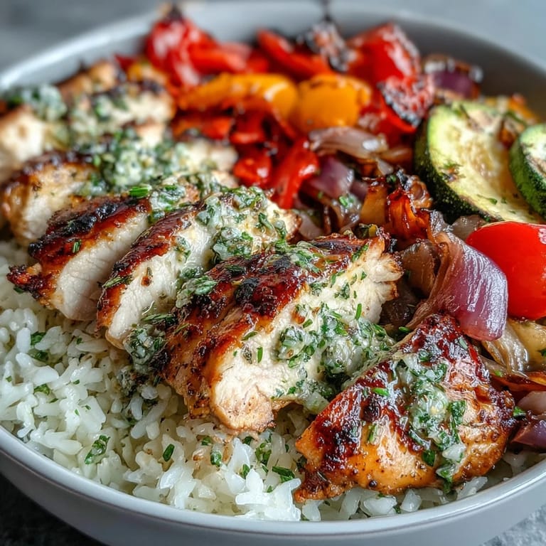 Sliced, juicy herb chicken sits atop a bed of white rice and colorful roasted vegetables in a rustic ceramic bowl.