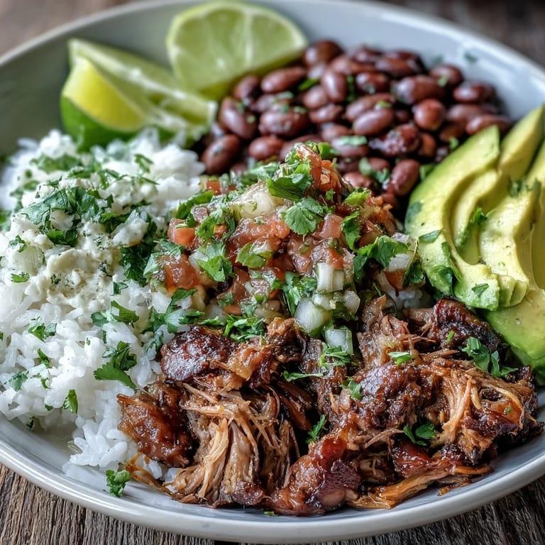 A close-up view of a Carnitas Bowl featuring crispy-edged pork, hearty pinto beans, and fresh pico de gallo, served with lime wedges for squeezing.