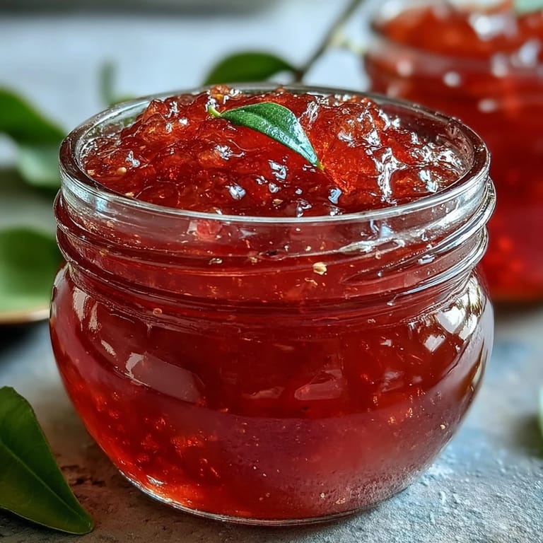Homemade guava jelly in a sterilized glass jar, gleaming with a jewel-toned pink color and a smooth, gelled texture.