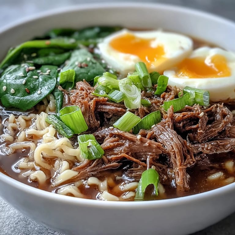 Fork-tender shredded beef and chewy noodles in savory Asian-inspired broth, topped with a halved soft-boiled egg and chili oil drizzle.