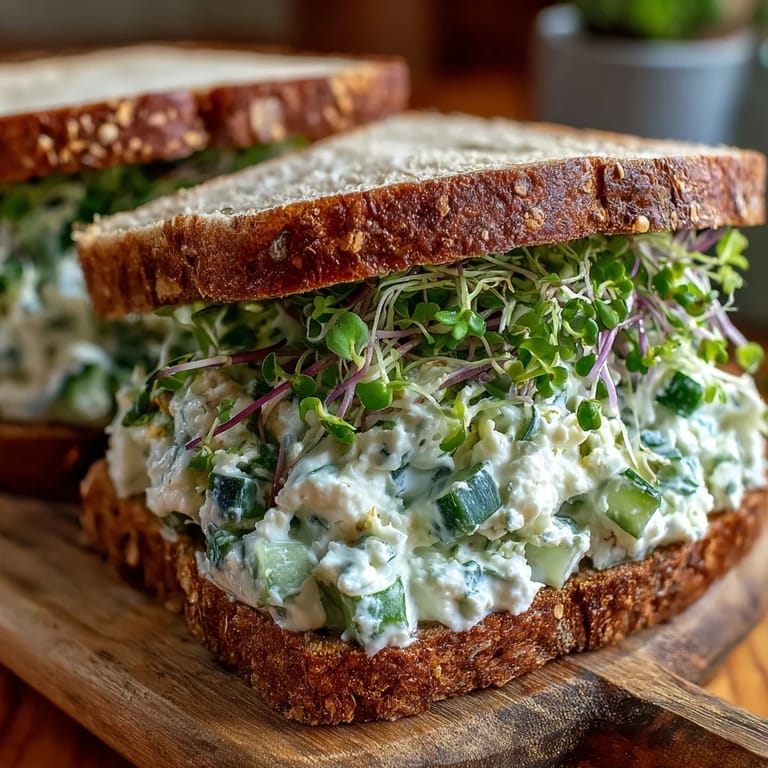 A close-up of Easy Cucumber Salad Sandwiches packed with crunchy cucumbers, alfalfa sprouts, and thinly sliced red onion.