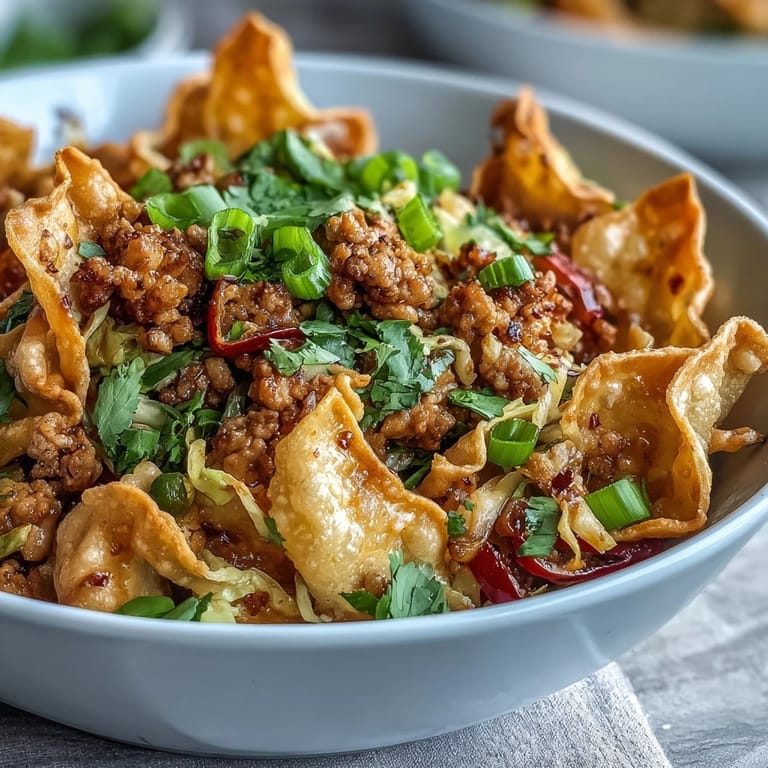 Top-down view of a sizzling skillet of Ranch Turkey & Veggie Egg Roll Bowls, where seasoned ground turkey is mixed with shredded cabbage and carrots. Steam rises from the savory American-Asian fusion meal, garnished with fresh cilantro.