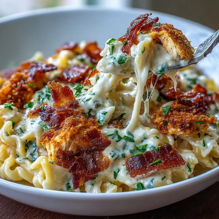 A close-up of Creamy Jalapeño Popper Chicken Pasta with creamy sauce and toasted panko breadcrumbs on top.