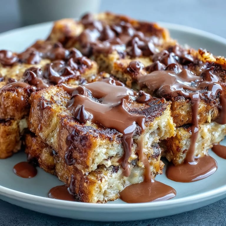 A close-up of a slice of High-Protein Peanut Butter & Chocolate Baked French Toast with fresh berries and chocolate chips.