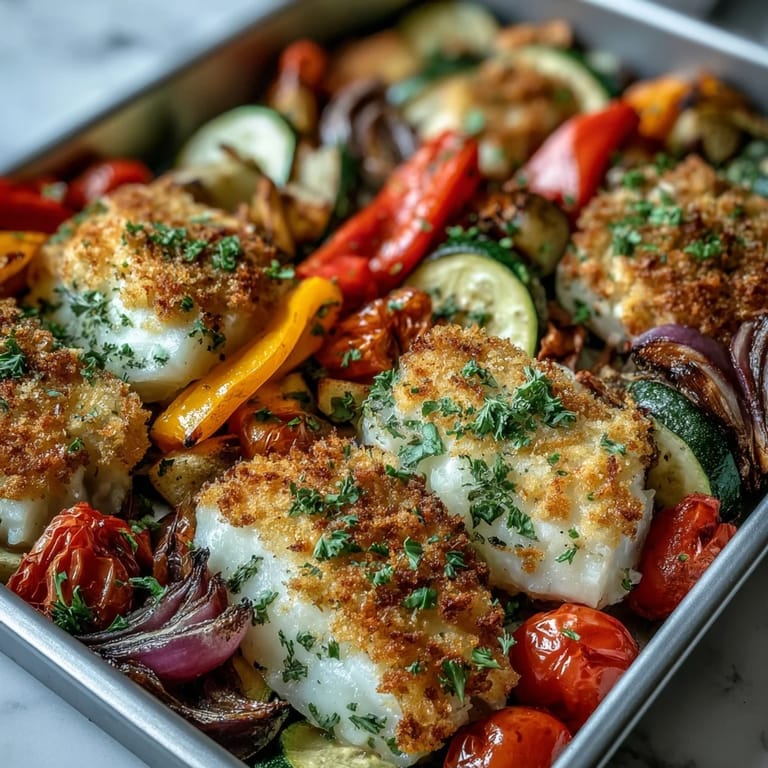 Flaky Parmesan Crusted Sheet Pan Fish & Veg plated with roasted vegetables and fresh parsley garnish.