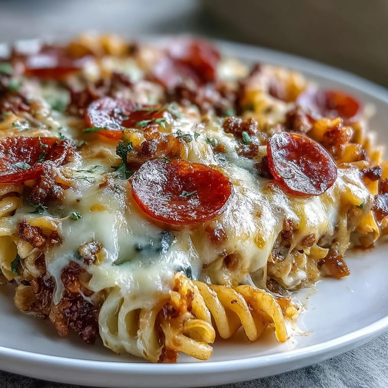 Steaming High-Protein Pizza Pasta Bake served in a casserole dish with a fresh basil garnish.