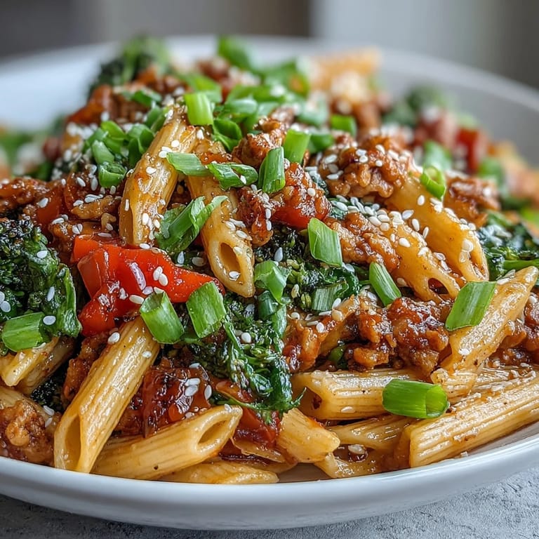 Close-up of sweet and spicy turkey broccoli pasta, highlighting juicy ground turkey, crisp broccoli florets, and saucy penne ready to serve.