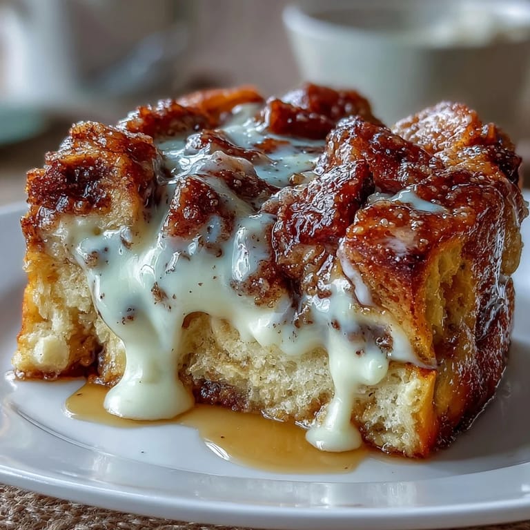 Overnight Cream Cheese Swirl Cinnamon Roll French Toast Bake with caramelized edges and sweet banana custard.