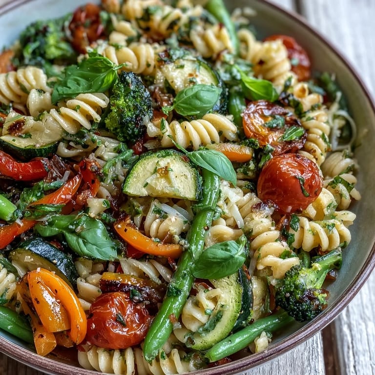 A steaming pot of Vegan One-Pot Pasta Primavera with lemon and basil, loaded with zucchini, bell peppers, and cherry tomatoes ready to serve.