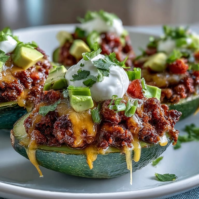 A keto taco stuffed avocado topped with dollops of tangy sour cream and chopped cilantro.