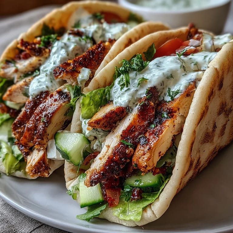 Juicy Greek chicken pita pockets filled with crunchy salad, served on a bright white plate.