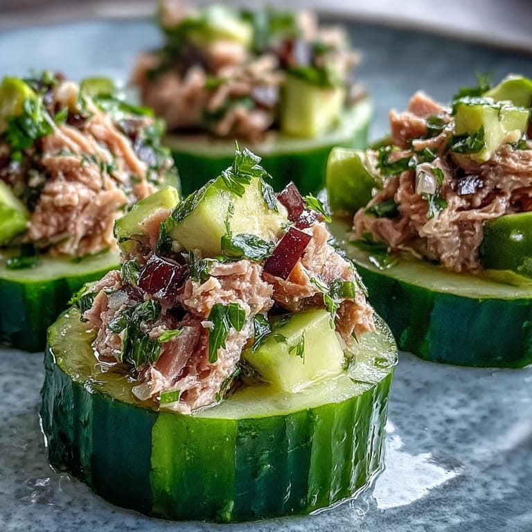 Bright, low-carb Tuna Avocado Cucumber Boats garnished with herbs, served on a rustic wooden board.