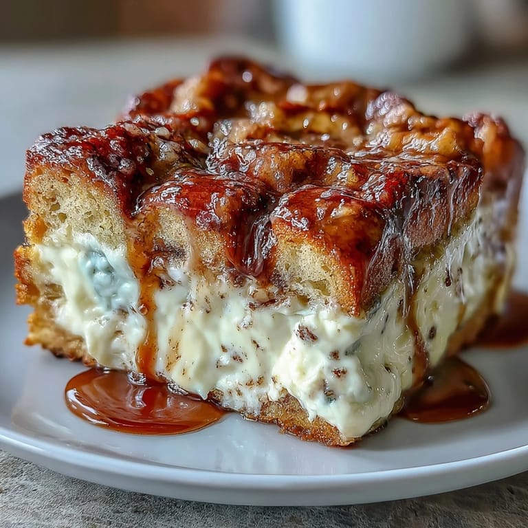 A rich slice of Cream Cheese Swirl Cinnamon Roll French Toast Bake served warm on a rustic plate.