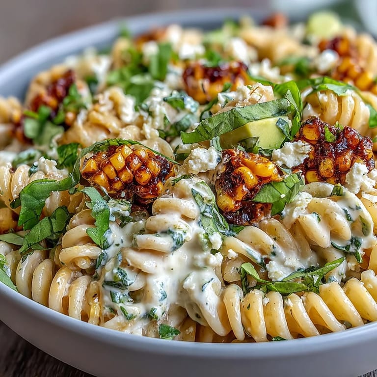 A colorful bowl of creamy street corn pasta salad featuring al dente pasta, avocado, and two bold dressings, perfect for warm-weather gatherings.