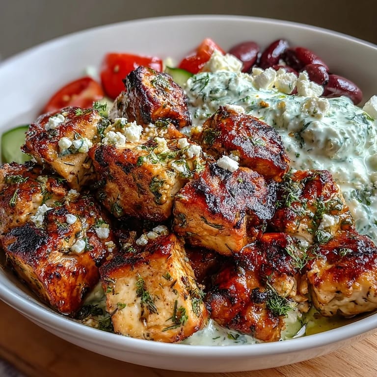 Mediterranean-inspired Greek chicken souvlaki bowl featuring tender grilled chicken, diced cucumber, tomatoes, and tangy feta.