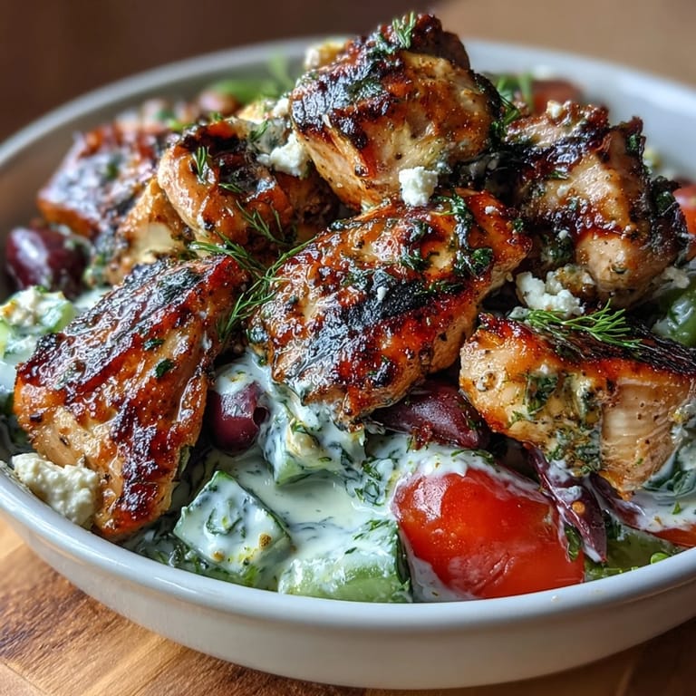 Light and healthy Greek chicken souvlaki bowls loaded with crisp vegetables, fluffy rice, and homemade tzatziki sauce.  