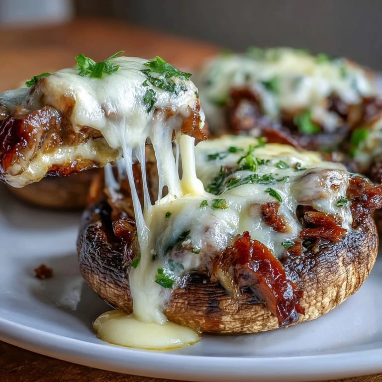Savory Philly cheesesteak flavors packed into roasted portobello mushrooms, topped with gooey melted mozzarella for a low-carb dinner.