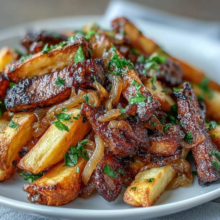 Golden baked steak fries tossed in fragrant caramelized onion and garlic butter.