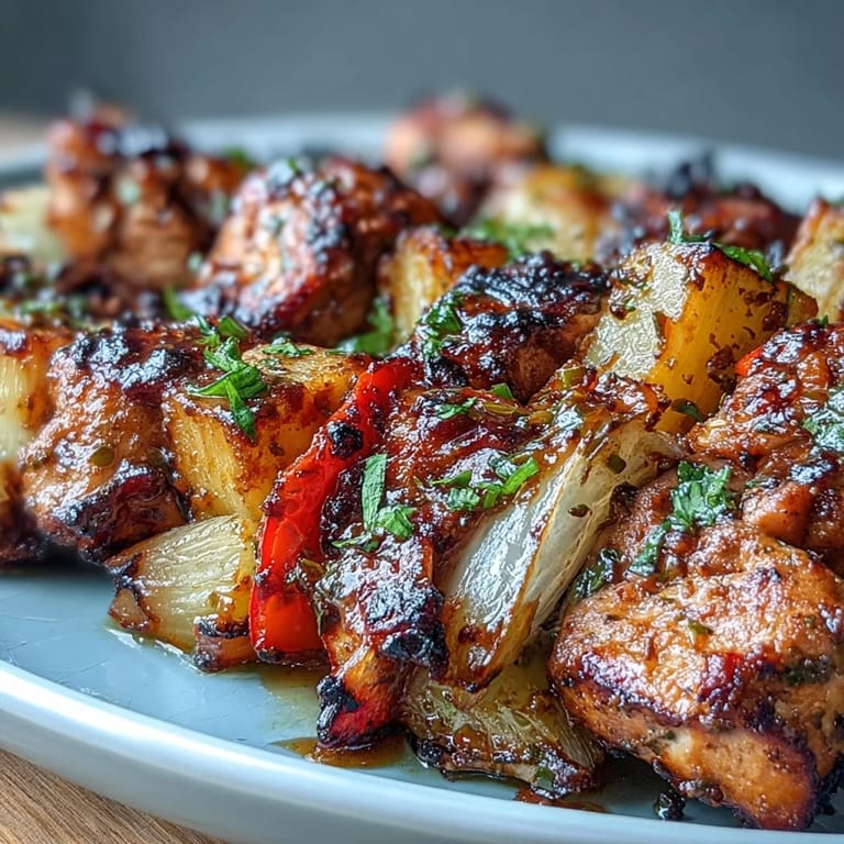 Flavorful jerk chicken skewers featuring tender chicken, juicy pineapple chunks, and crisp peppers, charred to perfection for a tropical feast.