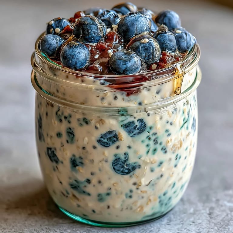 2. Healthy layered overnight oats topped with fresh blueberries and almonds, drizzled with honey for a sweet start.