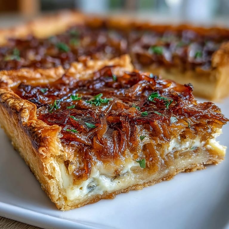 Buttery tart shell filled with rich Gruyere cheese and slow-cooked caramelized onions, offering a warm, inviting French-inspired dish.