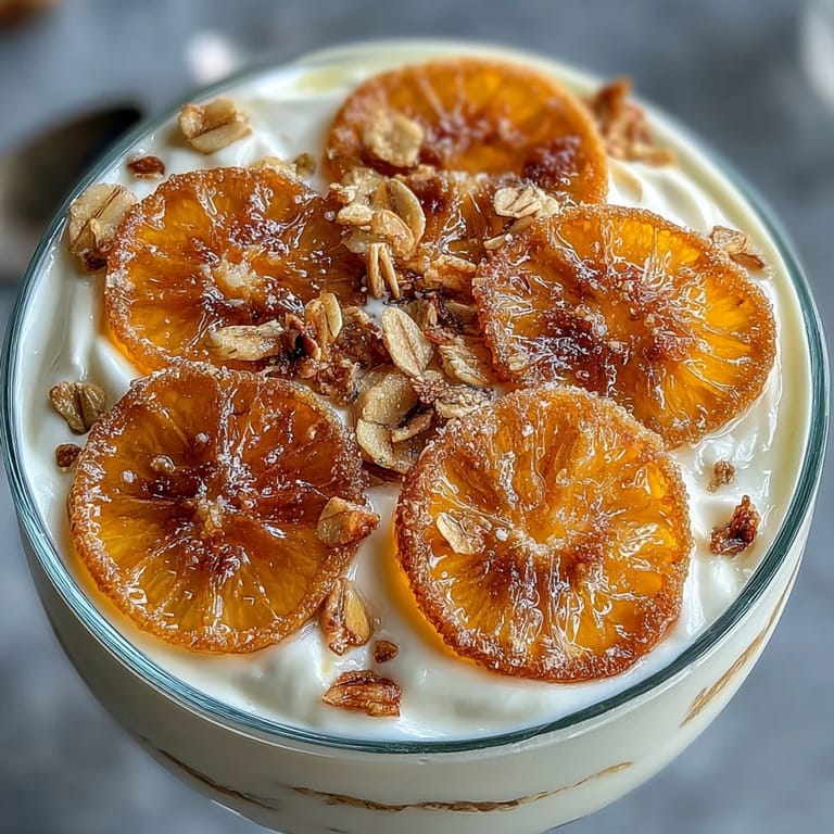 Bright orange slices candied to perfection add sweetness and color to this layered yogurt granola parfait.