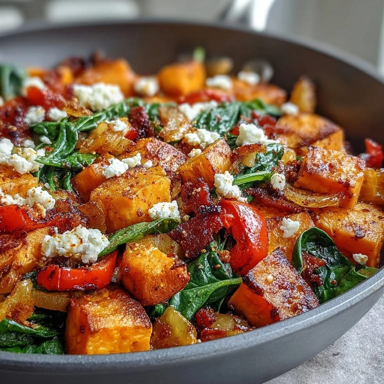 Easy sheet pan breakfast with sweet potatoes, oranges, and spinach, topped with optional eggs and feta for extra flavor.