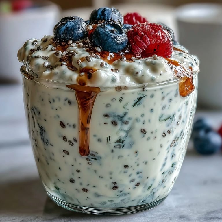 A bowl of Fluffy Yogurt Chia Pudding with Vanilla Bean, topped with sliced banana and a drizzle of honey for extra sweetness.