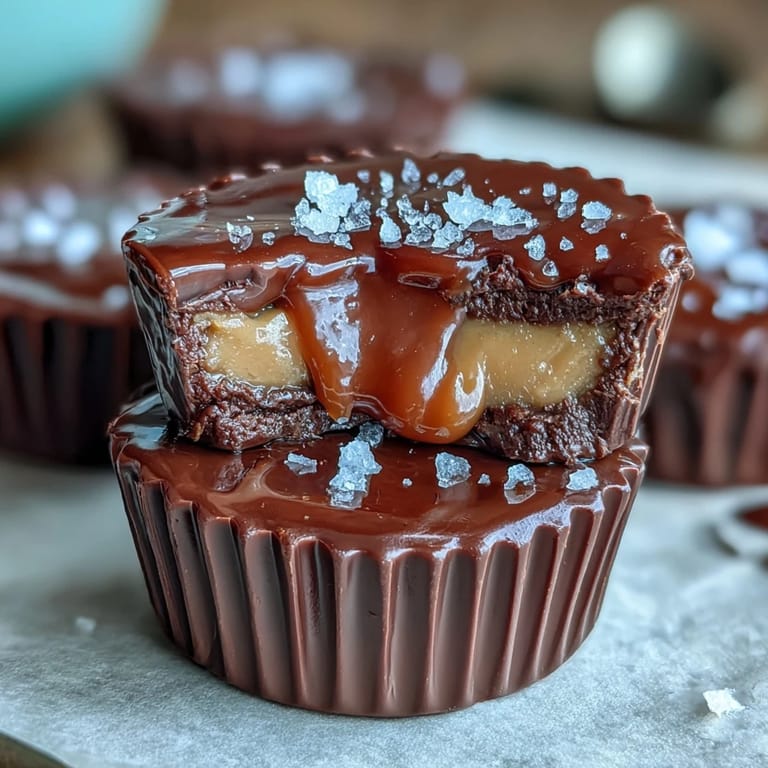 Decadent salted caramel peanut butter cups with creamy filling, smooth chocolate shell, and a touch of sea salt for irresistible flavor.  