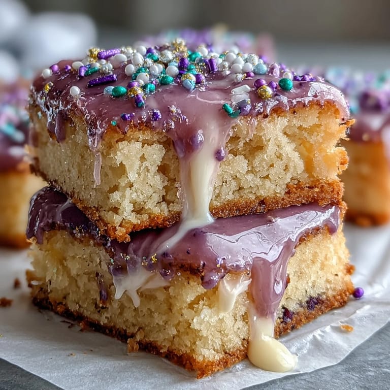 Vibrant purple, green, and gold sugar cookie bars with creamy vanilla icing, perfect for celebrating Mardi Gras or any gathering.