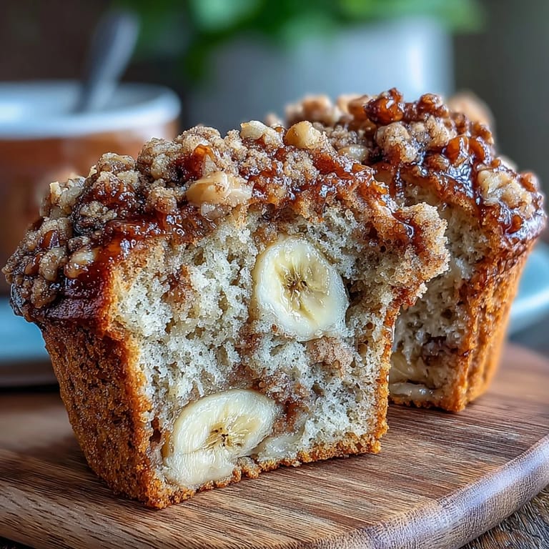 Moist banana muffins with sourdough discard and crunchy cinnamon streusel topping for breakfast