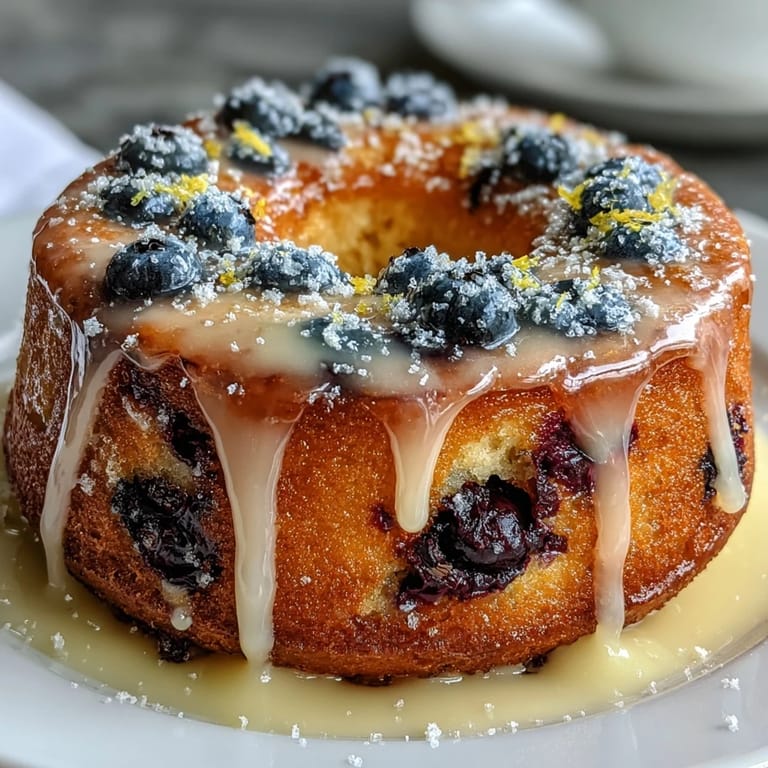 Golden sourdough donuts studded with plump blueberries and drizzled in a bright lemon glaze, perfect for a sweet morning treat.  