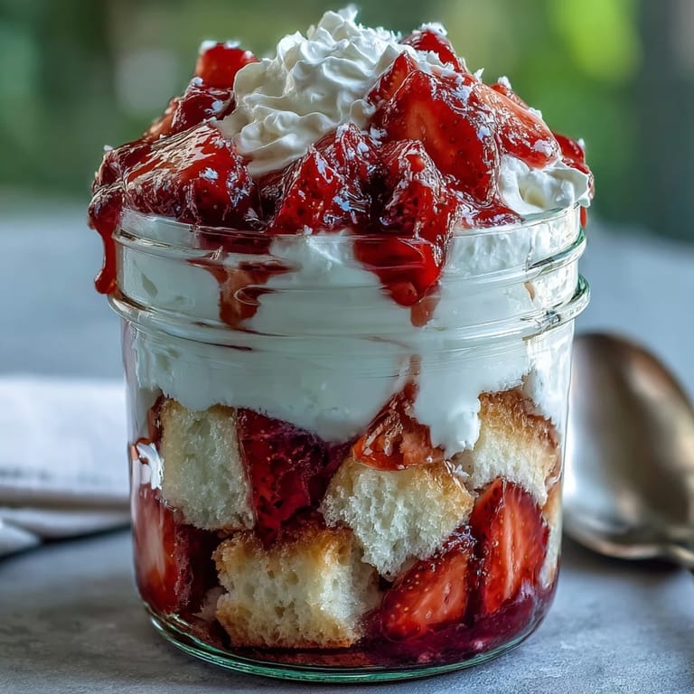 Individual strawberry shortcake trifle jars with juicy macerated strawberries, vanilla whipped cream, and tender homemade shortcake.  