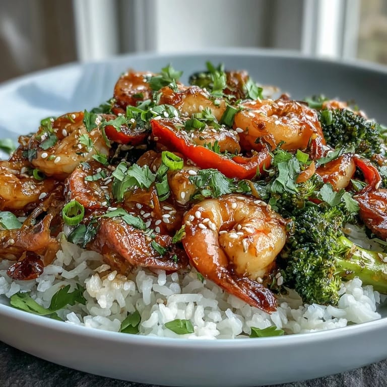 Colorful shrimp and vegetable stir-fry sizzling in a wok, tossed with soy-ginger sauce for a quick dinner.  