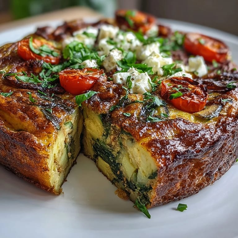 A colorful, herb-flecked frittata packed with spring vegetables like zucchini, asparagus, and red onion, topped with feta and baked until perfectly set.