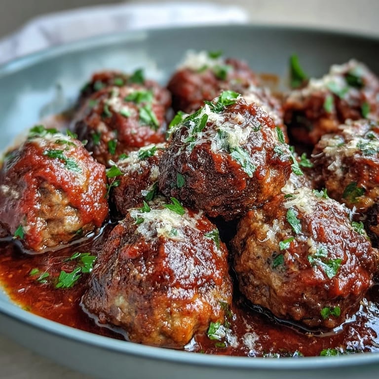 Juicy, herb-infused meatballs slow-cooked in marinara sauce, perfect for appetizers or a hearty main course.  