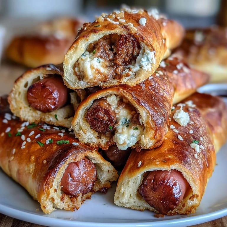 Bite-sized hot dogs in flaky crescent roll dough, brushed with egg wash and sprinkled with sesame seeds for crunch.