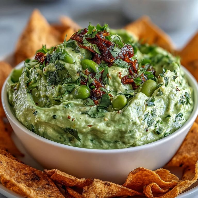Wholesome edamame guacamole blended with avocado and cumin, served with crunchy smoked paprika pita chips.